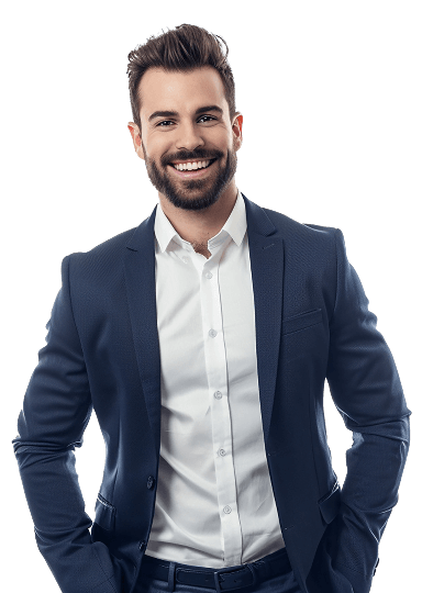 Um homem bem vestido, de terno e gravata, exibe um sorriso caloroso, refletindo confiança e profissionalismo